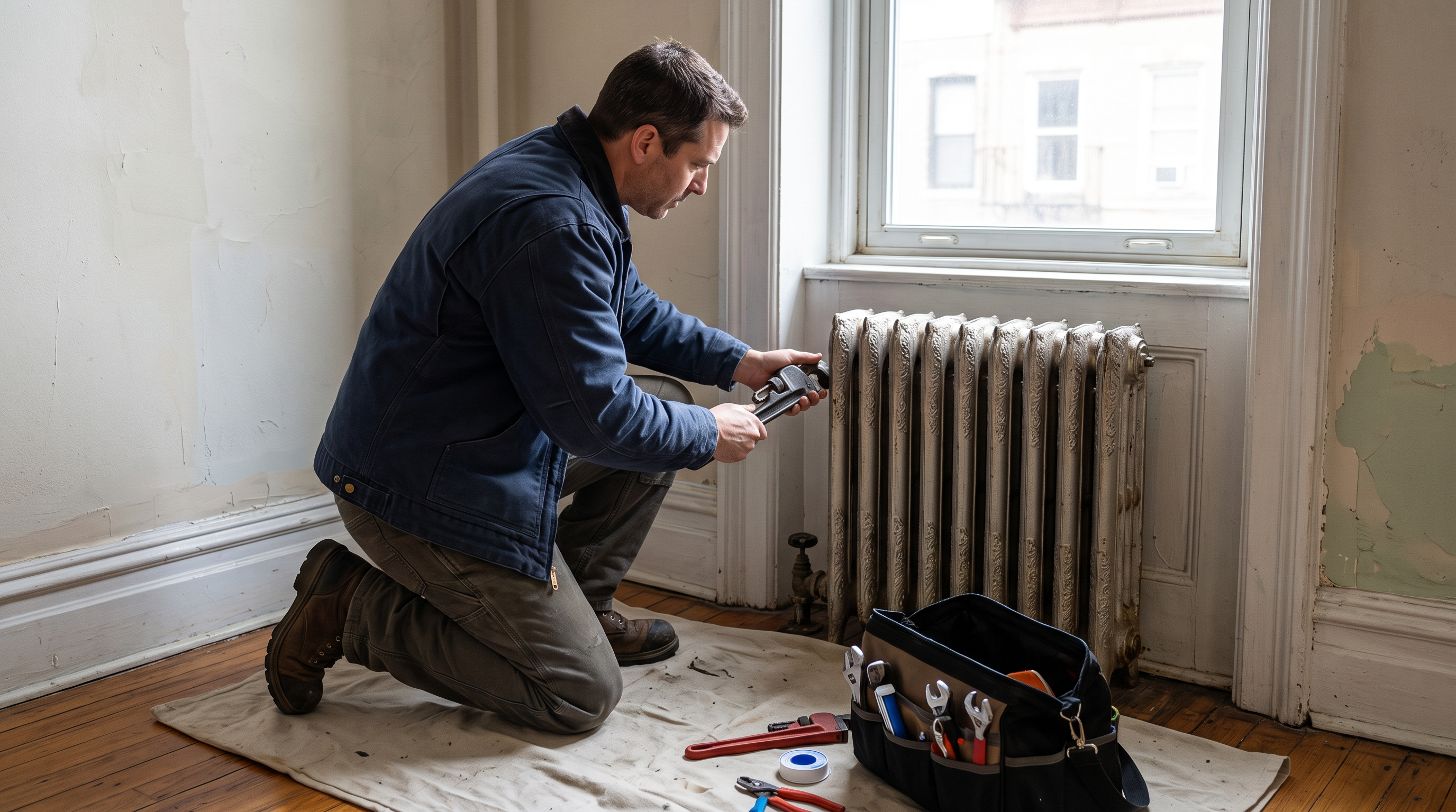 Plumber using a pipe wrench to service and repair a cast iron steam radiator valve.